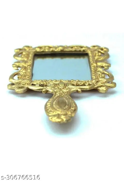 Gold-plated traditional Indian square metal mirror, 6cm x 12cm x 18cm handicraft showpiece