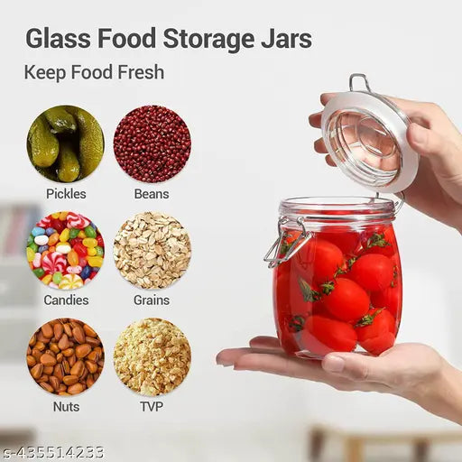 Round glass storage jar, clip lid, airtight canister, for dry food items like coffee beans, cereal, spice, sugar, pasta, clear, 750ml, pack of 2