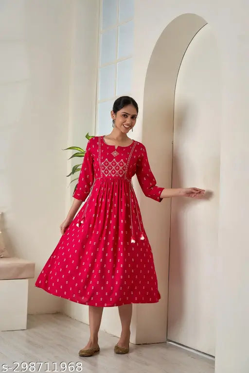 Red embroidered rayon anarkali kurta, long sleeve, knee-length