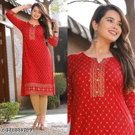Red viscose kurta, long sleeves, front zip closure