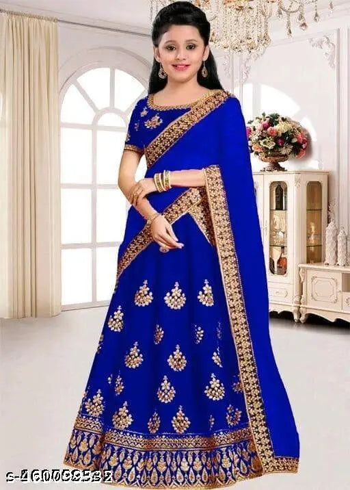 Trending satin lehenga choli set with net dupatta, short sleeves, embroidered patterns for kids, India