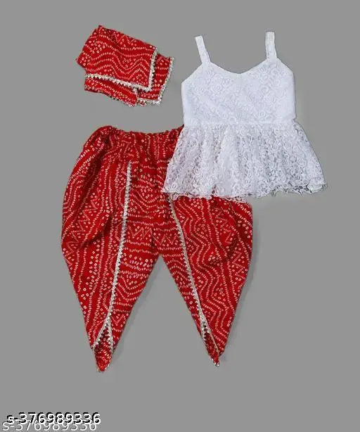 Girls print Anarkali Kurta Dhoti pant set with dupatta, net top and printed bottom, various sizes available from 3-13 years, Indian origin