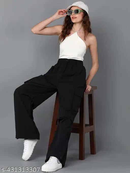 Black cargo pants with grey details, elastic waistband, high seat, and side pockets