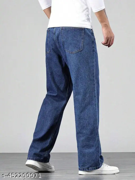 Denim baggy jeans, loose fit with wide-leg for men. Comfortable casual bottoms, vintage-inspired urban streetwear style. Available sizes: 28 (Waist 28", Length 42", Hip 38"), 30 (Waist 30", Length 42", Hip 40"), 32 (Waist 32", Length 42", Hip 42"), 34 (Waist 34", Length 42", Hip 44"). Made in India