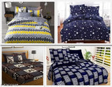 Combo of four king size double bed sheets and eight pillow covers, each with different patterns and colors. Includes navy blue, yellow diamond, black starry night, and dark brown geometric designs
