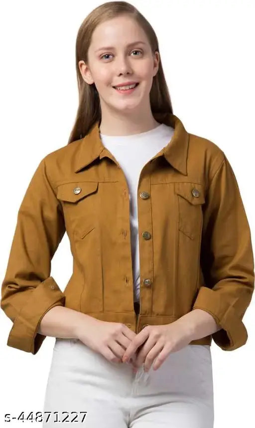 Denim women's light brown jacket, solid design, long sleeves, classic denim style, shank buttons, chest pockets, ideal for double denim outfits
