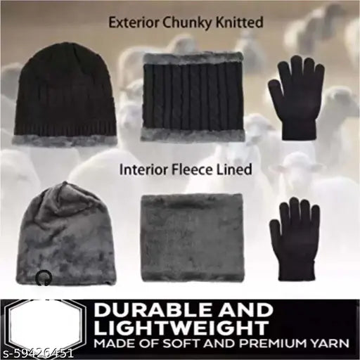 Black wool beanie, neck warmer, fleece lining, lightweight, zipper closure. Scarf and gloves set for men and women
