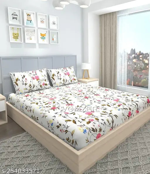 Elastic fitted cotton double bed bedsheets with 2 pillow covers, floral print, size 78x72 (VOMZER)
