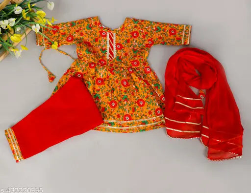 Cotton Anarkali Kurti & Dupatta Set with Pent - Floral Print, 12-24 Months Indian partywear for girls