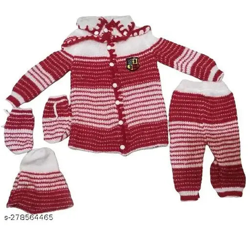 Red striped acrylic sweater set for baby, includes pajama, cap, and booties - Made in India