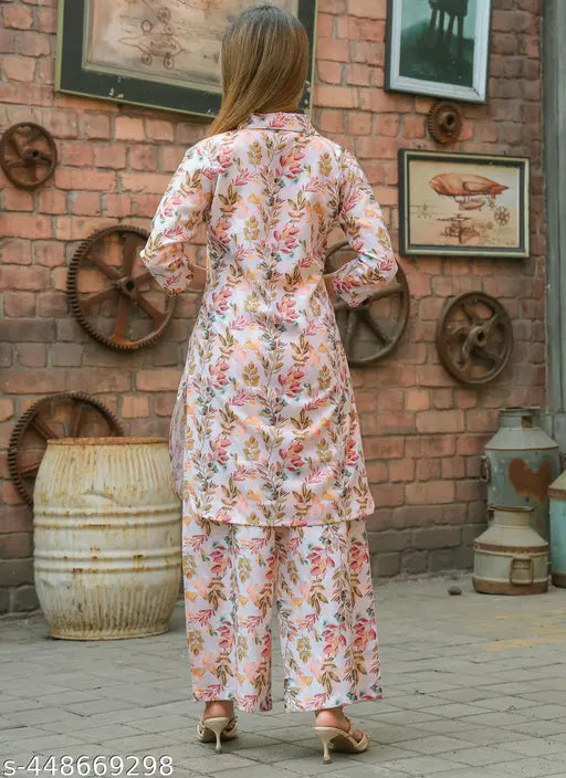 Premium cotton blend coord set for women's & girls: Printed net Kurta with palazzos, three-quarter sleeves, loose fit design