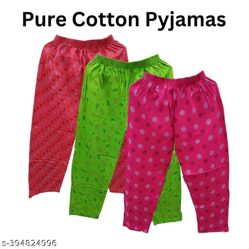 Three-piece track pant combo in soft cotton for girls, includes long pants and lounge wear, pack of three with each color: red, pink, green