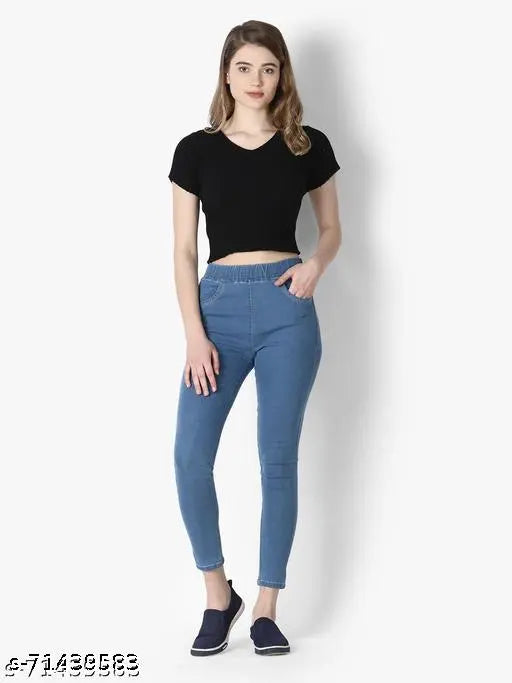 Blue denim ilastic pocket jeggings, solid pattern, sizes 26, 28, 30, 32, 34, 36, 38, and 40 available. Made in India