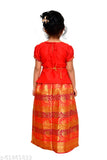 Art Silk printed Lehenga (PATTU PAVADAI), includes belt, tikka, chain and earrings. Indian traditional wear for 2-3 years old, showcased on display stand