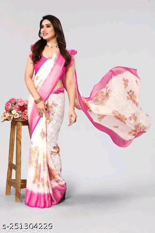 Chiffon saree with running blouse in printed pattern, India-made Balaji's Fancy Chiffon looks great for casual, party, festive, and wedding occasions." (124 characters)