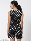 Black polka dot print crepe jumpsuit for women, sleeveless style with zip closure. Size XXL (42in bust, 37in length, 38in waist)