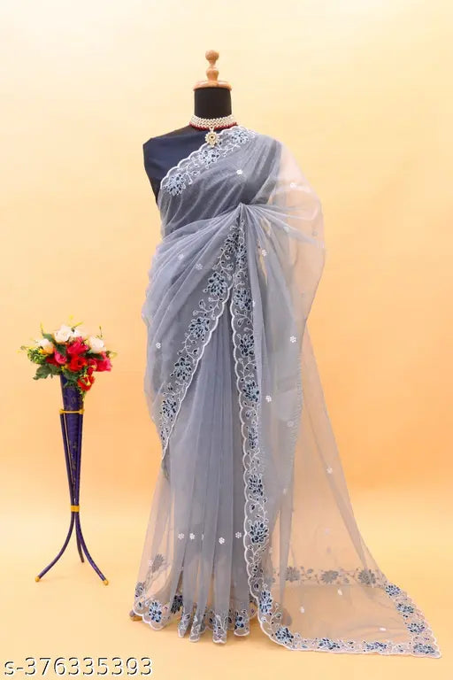 Beautiful super net floral embroidery work sari with separate blouse piece in Bangalori silk - traditional Indian wedding saree