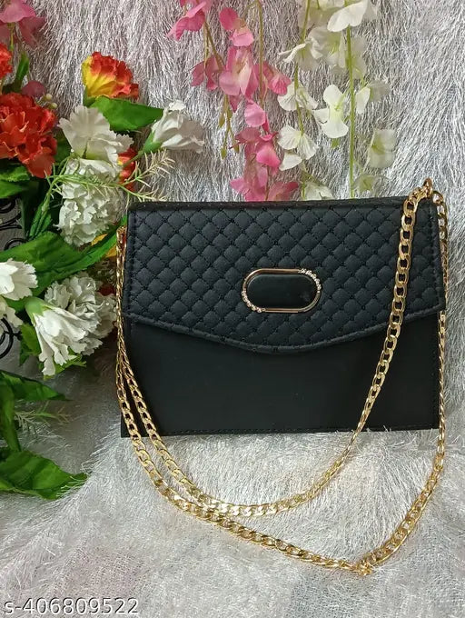 Stylish black quilted purse with golden chain strap