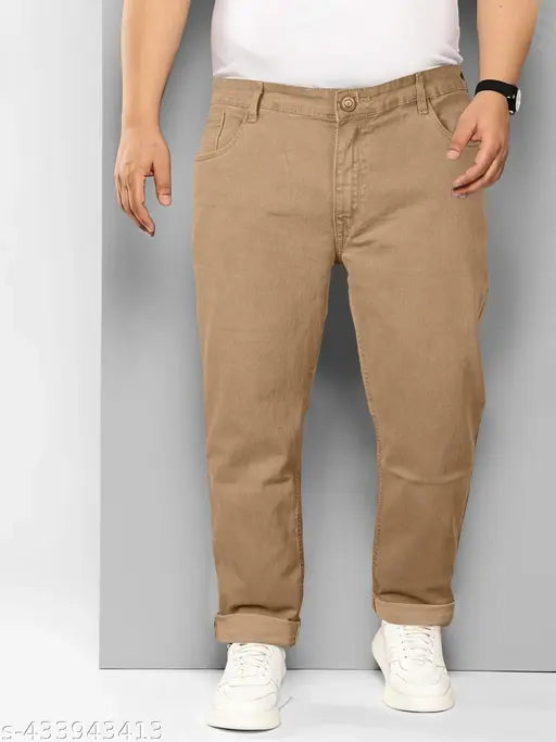 Rigbone Men's relaxed brown denim jeans, plus size with stretchable fabric for casual, party, and office wear. Regular fit, mid-rise, regular length, zip fly closure. Available sizes: 40 (41waist/42length/46hip), 42 (43waist/42length/48hip), 44 (45waist/42length/50hip), 46 (47waist/42length/52hip), 48 (49waist/42length/54hip). Made in India