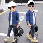 Blue denim single collar jacket, dyed/washed with long sleeves, suitable for kids aged 2-8 years