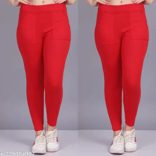 Cotton blend solid pocket jeggings pack 2, breathable, soft, stretchy for outdoor or casual wear