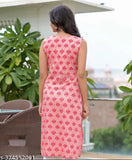 Printed round neck sleeveless pink rayon kurti for women & girls, showcasing vibrant Indian design on ankle-length straight silhouette