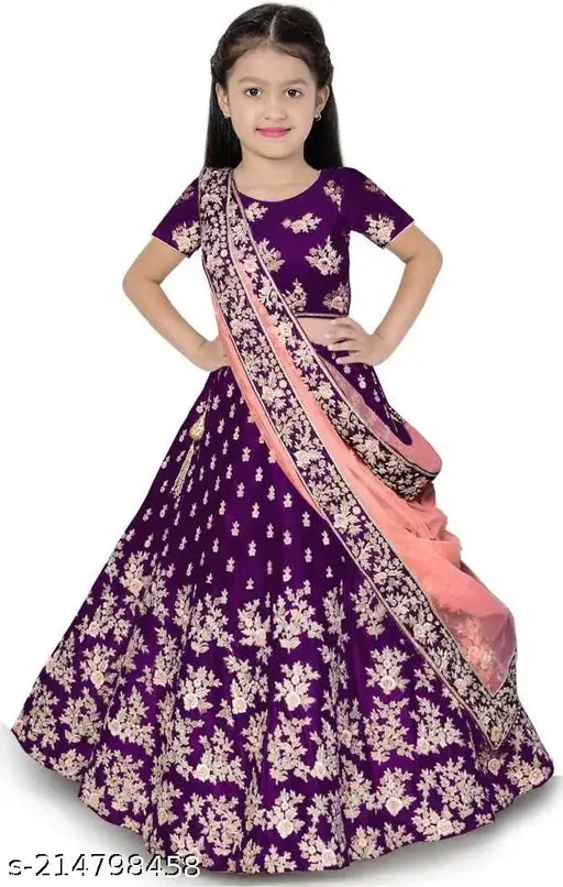 Trending taffeta silk lehenga-choli set for kids, embroidered with short sleeves. Indian traditional party wear