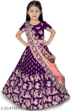 Trending taffeta silk lehenga-choli set for kids, embroidered with short sleeves. Indian traditional party wear