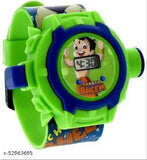 Unisex watch, kids-friendly design, blue strap with cartoon character, plastic casing