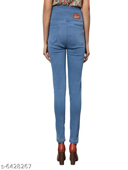 Dxblue denim skinny fit jeggings with high waist and elastic closure, solid color for women. Jeggings on hanger with jeans-like appearance