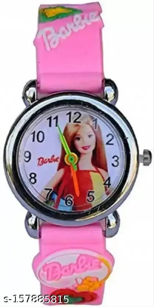 Pink Barbie analog watch with Roman numerals for kids, featuring a cartoon character and a fruit on the face, in a clear display case