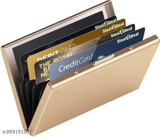 Water-resistant black stainless steel RFID protected business card holder with gold accents, fits 6 cards and has a solid design