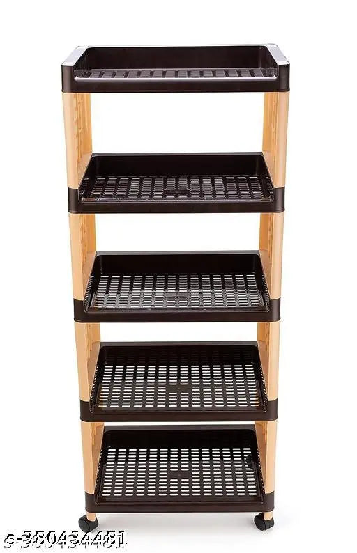 Five tier storage organizer, brown and cream wheels for easy transport