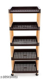 Five tier storage organizer, brown and cream wheels for easy transport