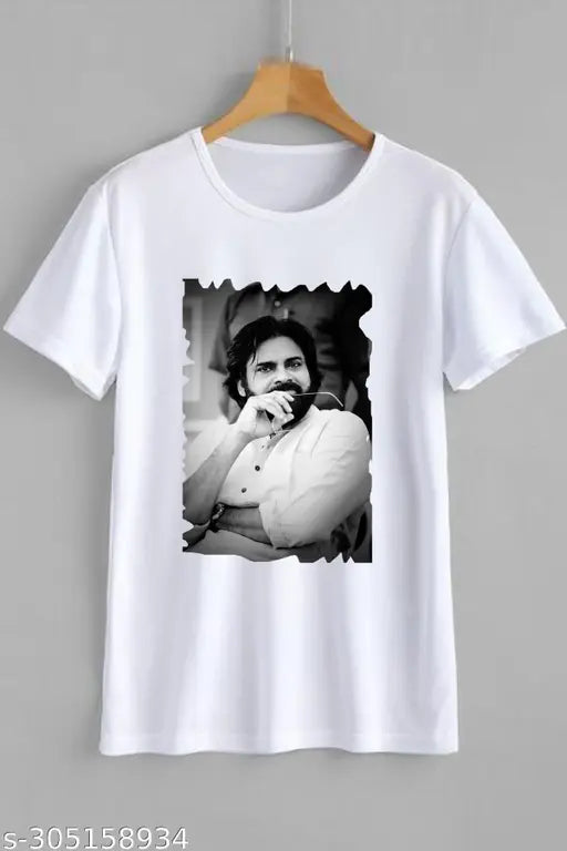 Pawan Kalyan black & white printed net short sleeve t-shirt, polyester fabric, Indian origin