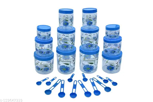 A set of six airtight plastic storage containers for kitchen use, with one smaller container and five larger ones, in blue color, varying in size from 400ml to 2000ml, for storing spices, dry fruits, cereals, snacks, rice and food items