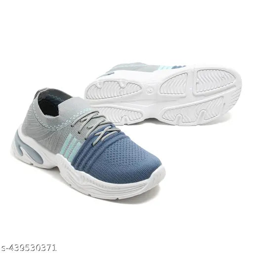 Blue athletic shoes with white soles