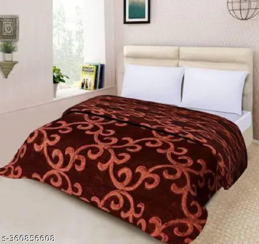 Brown microfiber double bed blanket, warm and lightweight with floral embossed mink texture - perfect for heavy winters