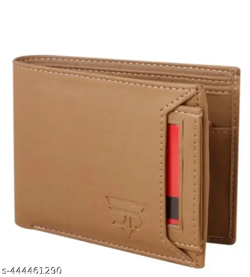 Trendy beige faux leather men's wallet, 3 card slots, coin pocket, 2 currency compartments. Modern bi-fold design for daily use, ultra slim and easy to carry in trousers. Ideal gift for him