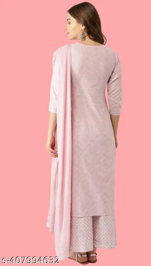 Buttersilk women's cotton blend printed straight kurta with palazzos, three-quarter sleeves, multicolor