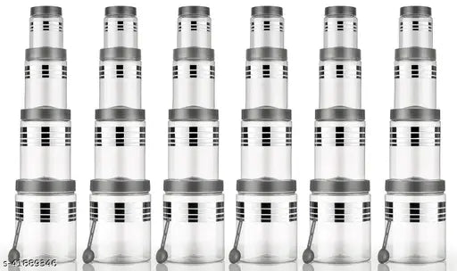 Unbreakable 24-piece set of kitchen plastic storage containers in silver, includes spoons for 250ml, 350ml, 650ml and 1200ml sizes
