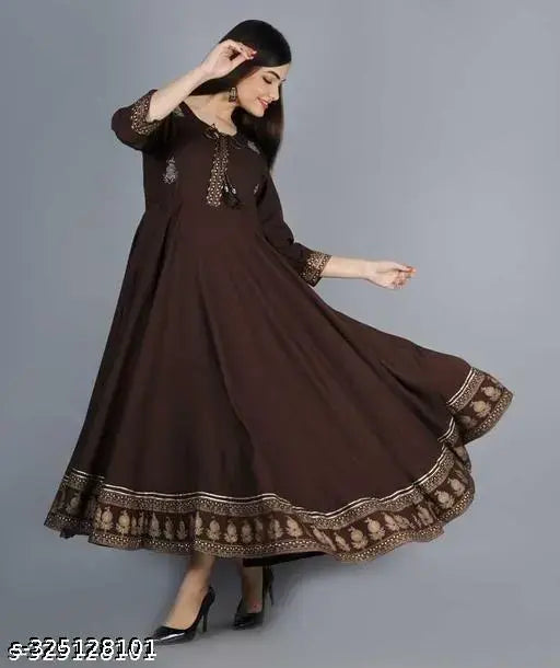 Rayon brown three-quarter sleeve solid gown, beautiful fashion wear for women size S-XXL, Indian origin