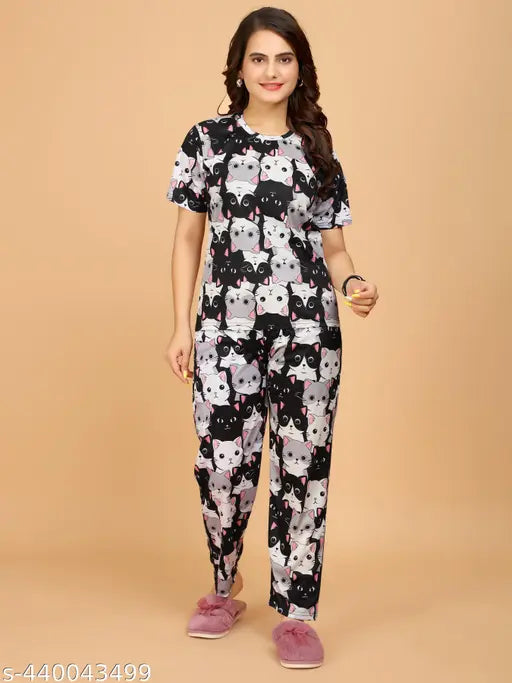 Printed polycotton night suit and dress set for women, two-piece with short sleeves, available in S, M, L, XL, XXL sizes