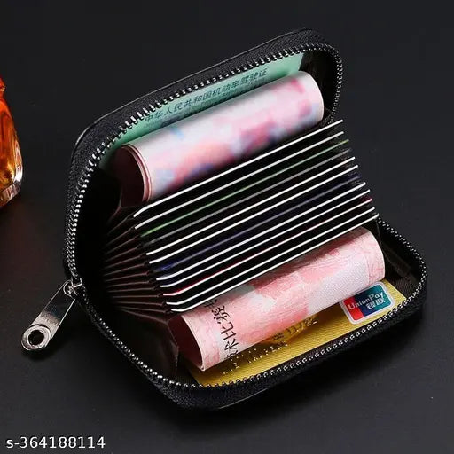 Imported leather, 9-slot vertical credit/debit card holder wallet with zipper and coin purse, solid pattern, free size (11cm x 8cm), men's and women's accessory