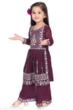 Modern georgette anarkali palazzos set for girls, embroidered top with three-quarter sleeves. Colors: maroon & red. Good quality Indian traditional wear for kids, trendy dresses for fashionable tots. Sizes: 9-12M, 12-18M, 18-24M, 0-1Y, 1-2Y, 2-3Y, 3-4Y