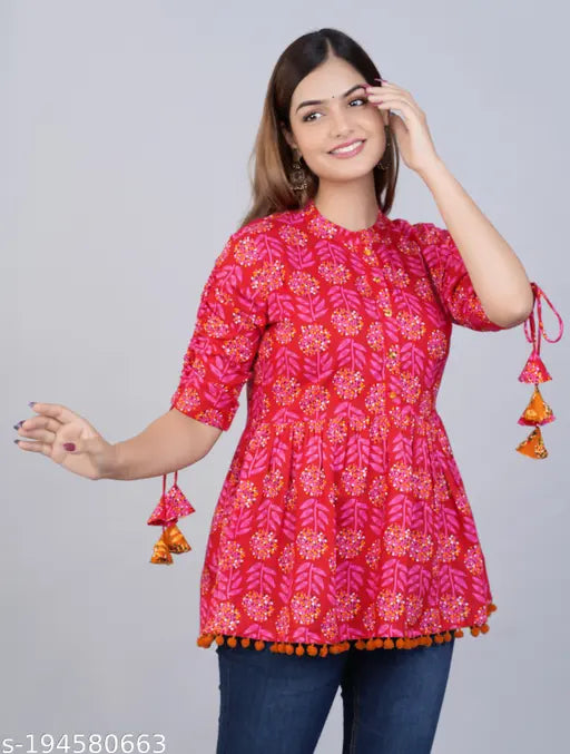 Cotton printed tunics, three-quarter sleeves, Indian ethnic wear for women - detailed with intricate knots