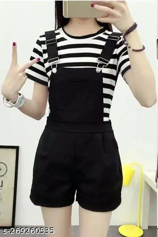 Cotton short dungaree with striped tee, solid pattern for casual wear on mannequin