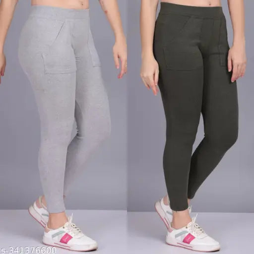 Cotton blend solid net pocket ankle jeggings combo, breathable and stretchy for outdoor or casual wear, suitable sizes 26-32 inches
