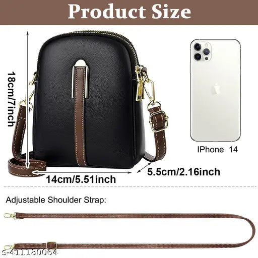 This is a stylish black crossbody phone bag, featuring a double layer design and detachable belt strap. The bag has a zippered main compartment with a smaller pouch inside. It also includes an adjustable shoulder strap for carrying comfortably. The bag would be a perfect gift for women who are looking for daily casual carryalls to keep their phones, keys, and wallets securely