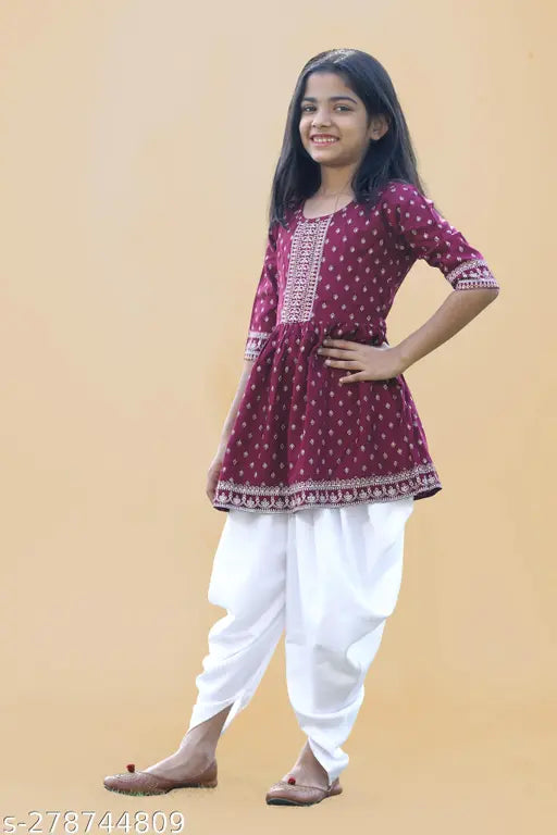Girls rayon anarkali set with dhoti pants, printed top & no dupatta, sizes 5-12 years, Indian clothing for kids